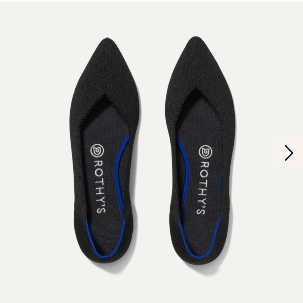 Rothy's Black Pointed Knit Flats with Blue Trim